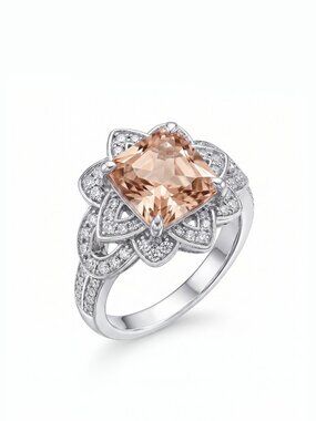 Princess Cut Floral Halo Ring - Champagne Morganite, Liz Halston 925S